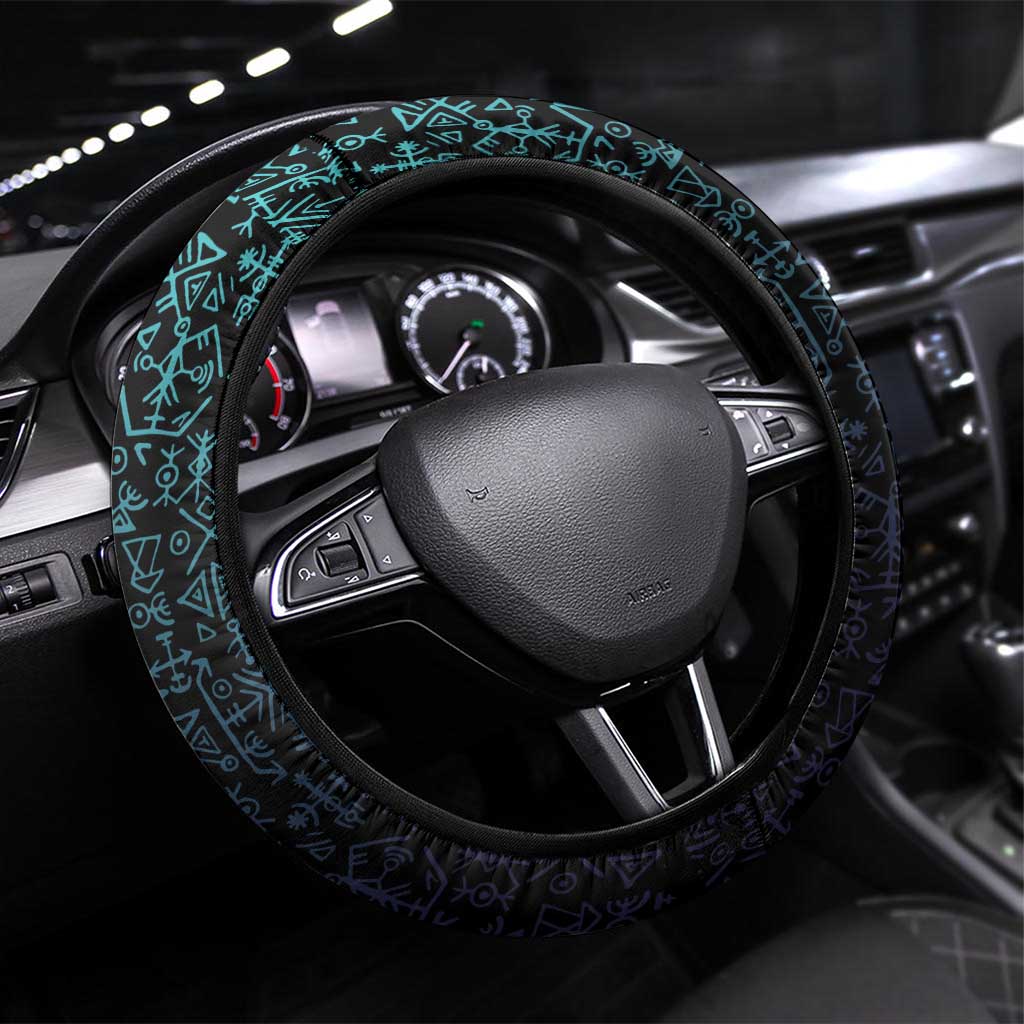 Viking Warrior and Raven Norse Mythology Steering Wheel Cover Neon Line Art with Rune Patterns