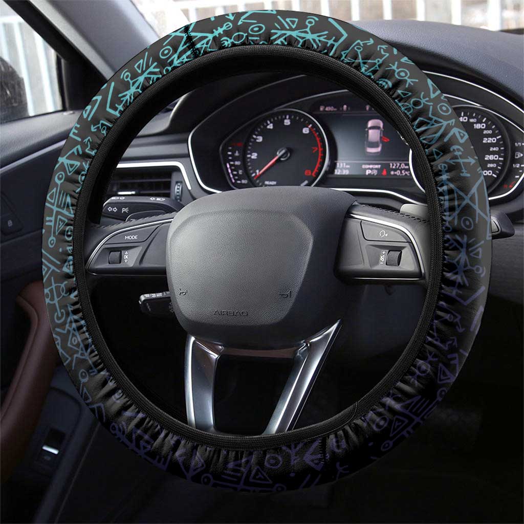 Viking Warrior and Raven Norse Mythology Steering Wheel Cover Neon Line Art with Rune Patterns