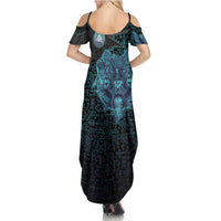 Viking Warrior and Raven Norse Mythology Summer Maxi Dress Neon Line Art with Rune Patterns