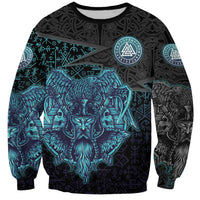 Viking Warrior and Raven Norse Mythology Sweatshirt Neon Line Art with Rune Patterns