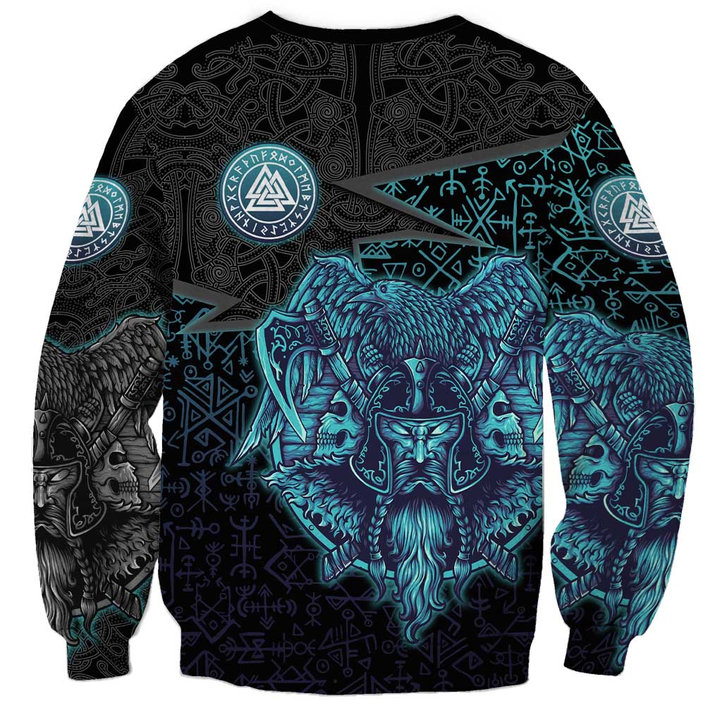 Viking Warrior and Raven Norse Mythology Sweatshirt Neon Line Art with Rune Patterns