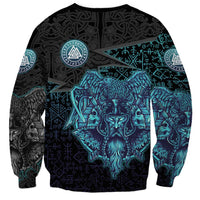 Viking Warrior and Raven Norse Mythology Sweatshirt Neon Line Art with Rune Patterns