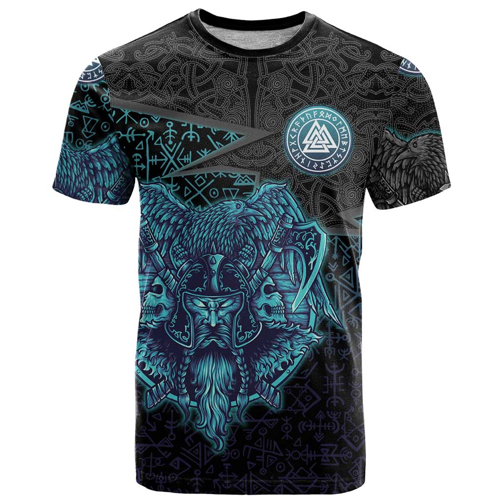 Viking Warrior and Raven Norse Mythology T Shirt Neon Line Art with Rune Patterns