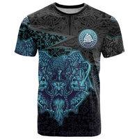 Viking Warrior and Raven Norse Mythology T Shirt Neon Line Art with Rune Patterns