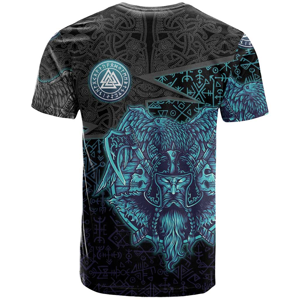 Viking Warrior and Raven Norse Mythology T Shirt Neon Line Art with Rune Patterns