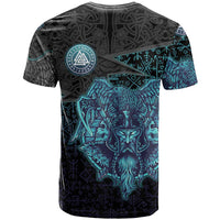 Viking Warrior and Raven Norse Mythology T Shirt Neon Line Art with Rune Patterns