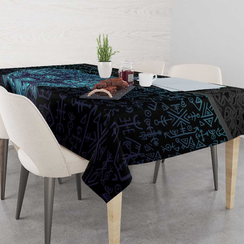 Viking Warrior and Raven Norse Mythology Tablecloth Neon Line Art with Rune Patterns