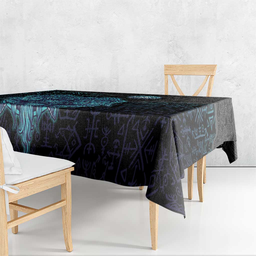Viking Warrior and Raven Norse Mythology Tablecloth Neon Line Art with Rune Patterns