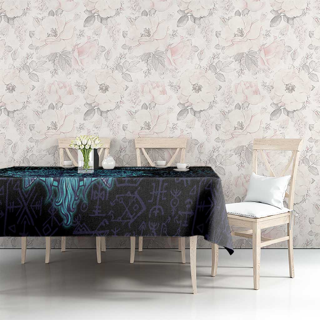 Viking Warrior and Raven Norse Mythology Tablecloth Neon Line Art with Rune Patterns