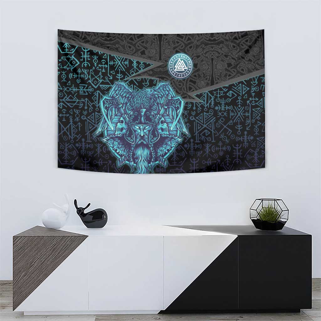Viking Warrior and Raven Norse Mythology Tapestry Neon Line Art with Rune Patterns