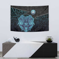 Viking Warrior and Raven Norse Mythology Tapestry Neon Line Art with Rune Patterns