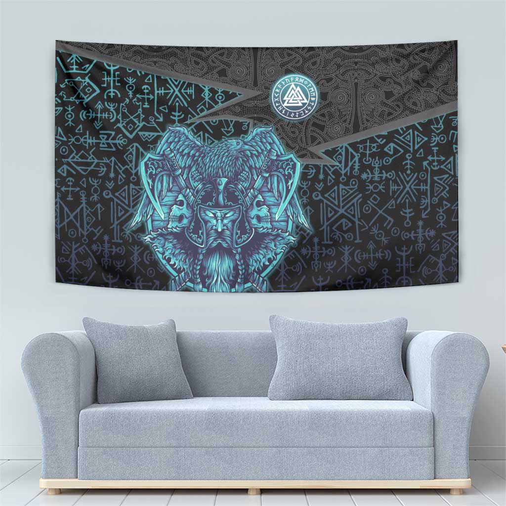 Viking Warrior and Raven Norse Mythology Tapestry Neon Line Art with Rune Patterns