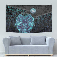 Viking Warrior and Raven Norse Mythology Tapestry Neon Line Art with Rune Patterns