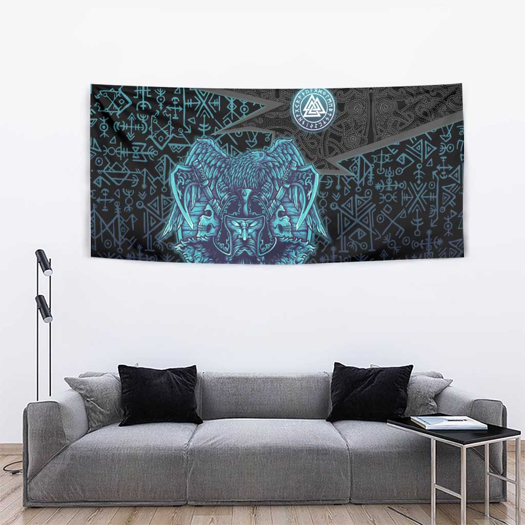 Viking Warrior and Raven Norse Mythology Tapestry Neon Line Art with Rune Patterns
