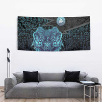 Viking Warrior and Raven Norse Mythology Tapestry Neon Line Art with Rune Patterns