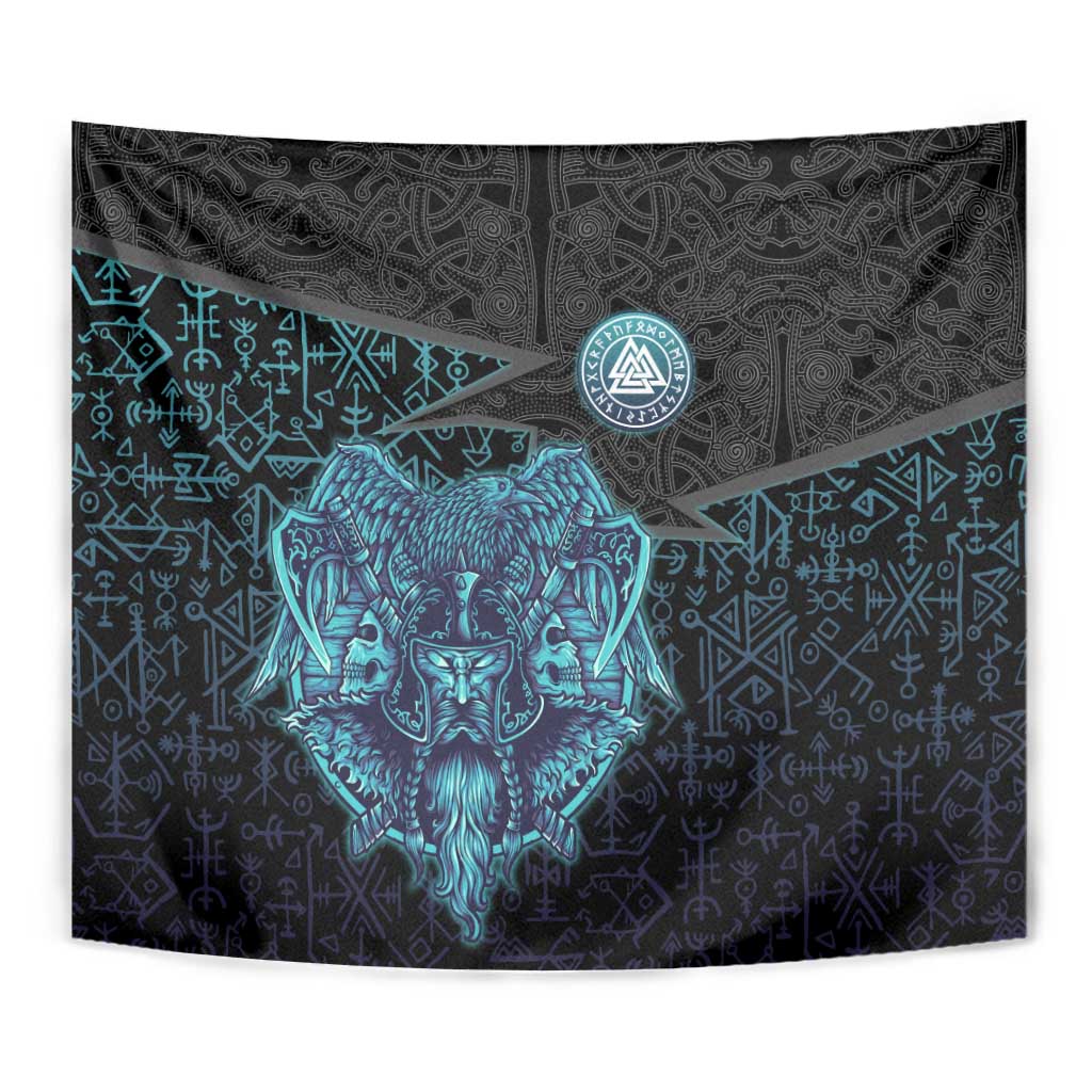Viking Warrior and Raven Norse Mythology Tapestry Neon Line Art with Rune Patterns