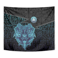 Viking Warrior and Raven Norse Mythology Tapestry Neon Line Art with Rune Patterns
