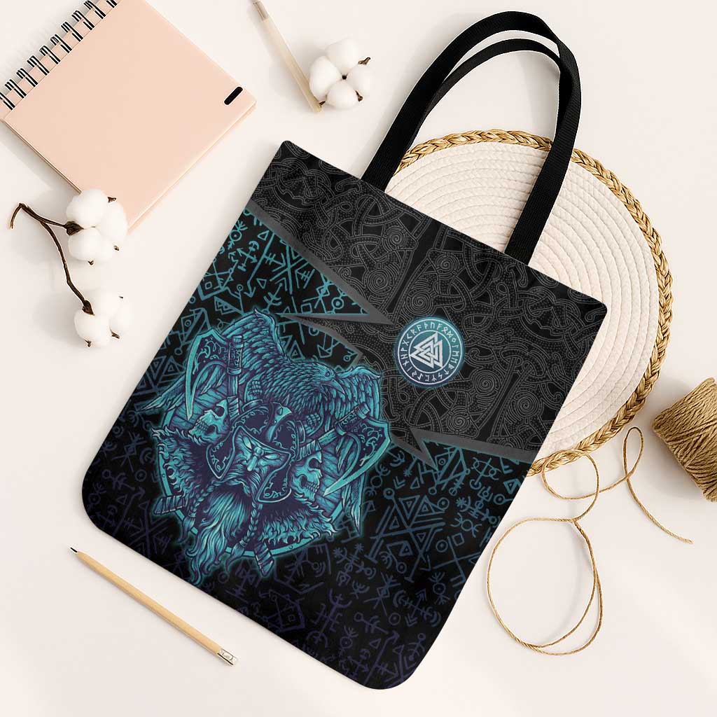 Viking Warrior and Raven Norse Mythology Tote Bag Neon Line Art with Rune Patterns