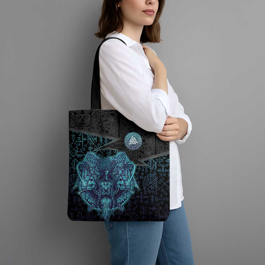 Viking Warrior and Raven Norse Mythology Tote Bag Neon Line Art with Rune Patterns