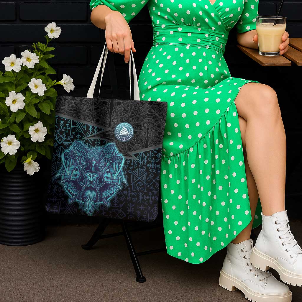 Viking Warrior and Raven Norse Mythology Tote Bag Neon Line Art with Rune Patterns