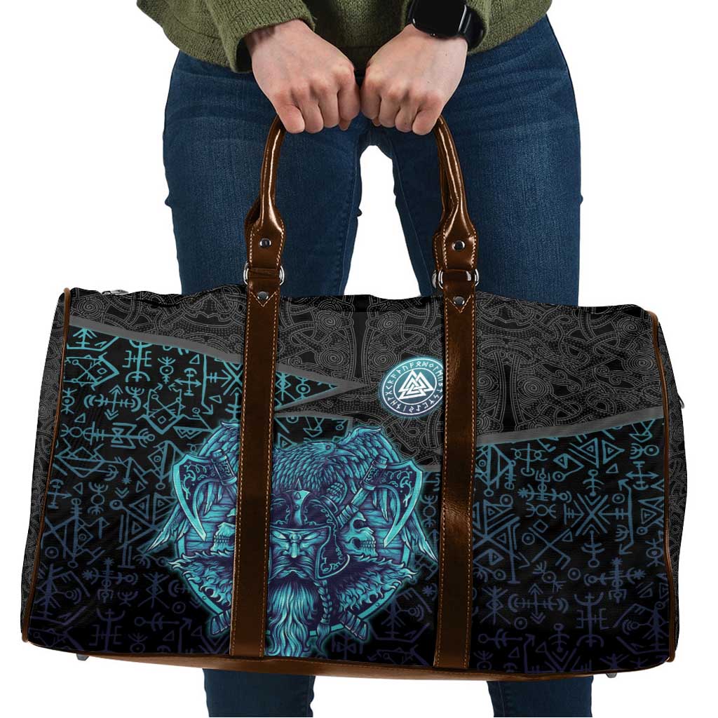 Viking Warrior and Raven Norse Mythology Travel Bag Neon Line Art with Rune Patterns