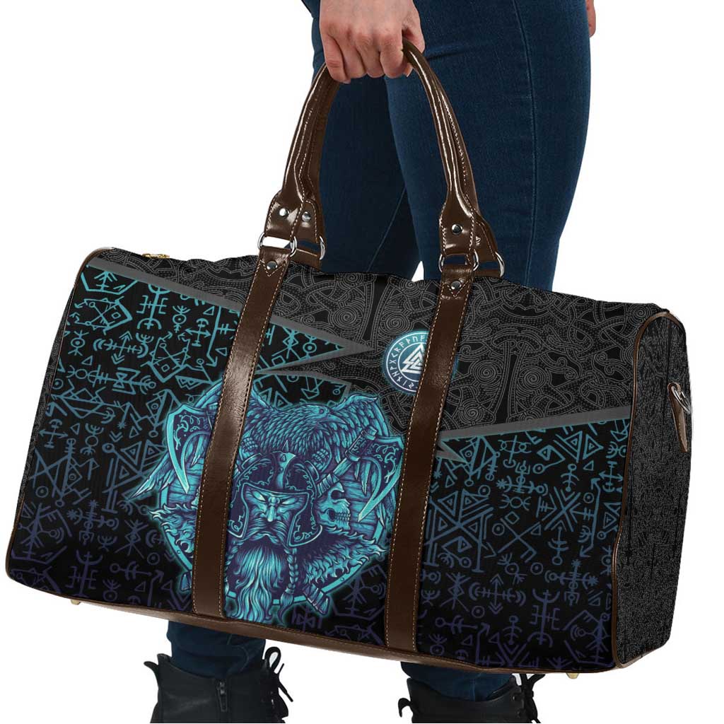 Viking Warrior and Raven Norse Mythology Travel Bag Neon Line Art with Rune Patterns