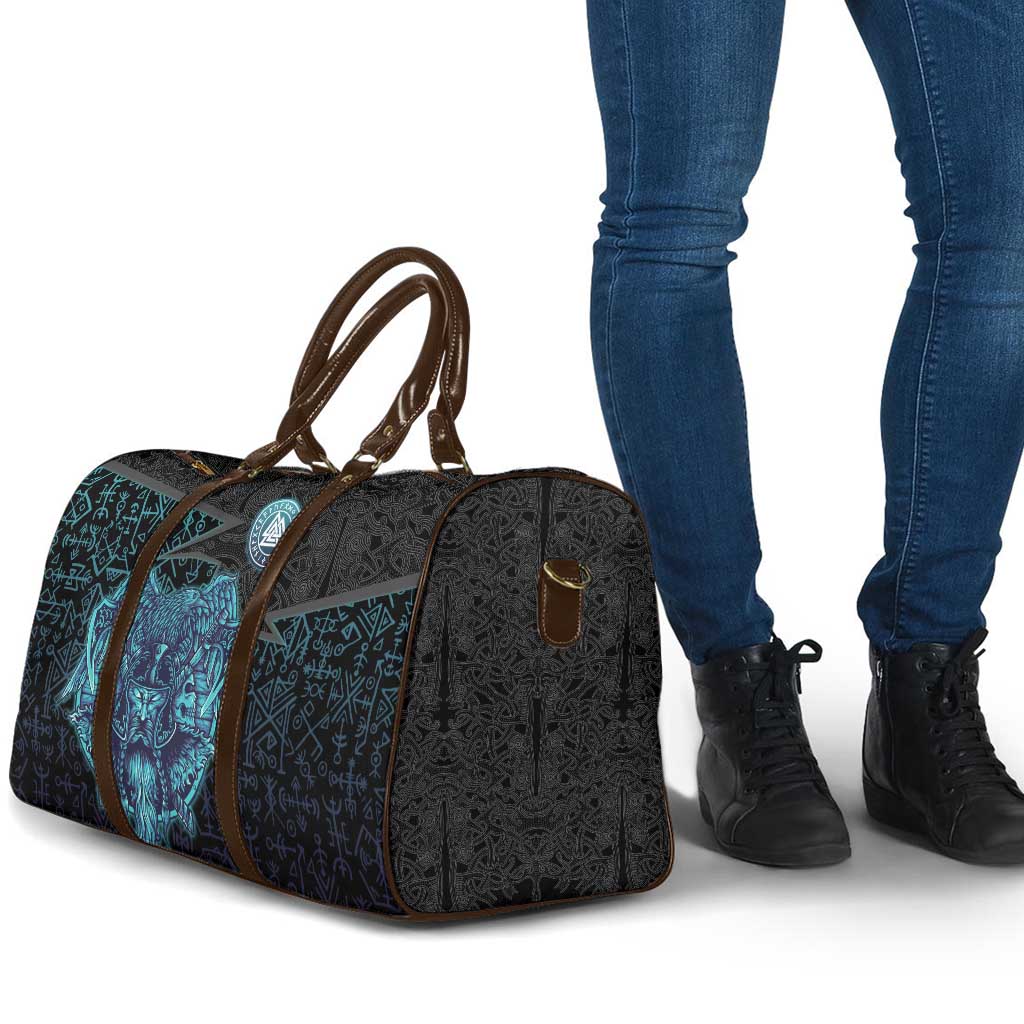Viking Warrior and Raven Norse Mythology Travel Bag Neon Line Art with Rune Patterns