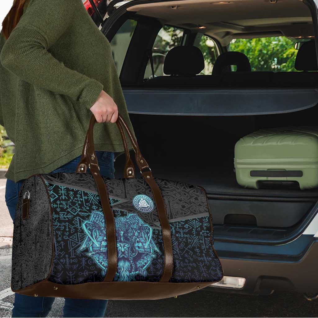 Viking Warrior and Raven Norse Mythology Travel Bag Neon Line Art with Rune Patterns