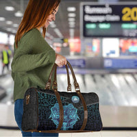 Viking Warrior and Raven Norse Mythology Travel Bag Neon Line Art with Rune Patterns