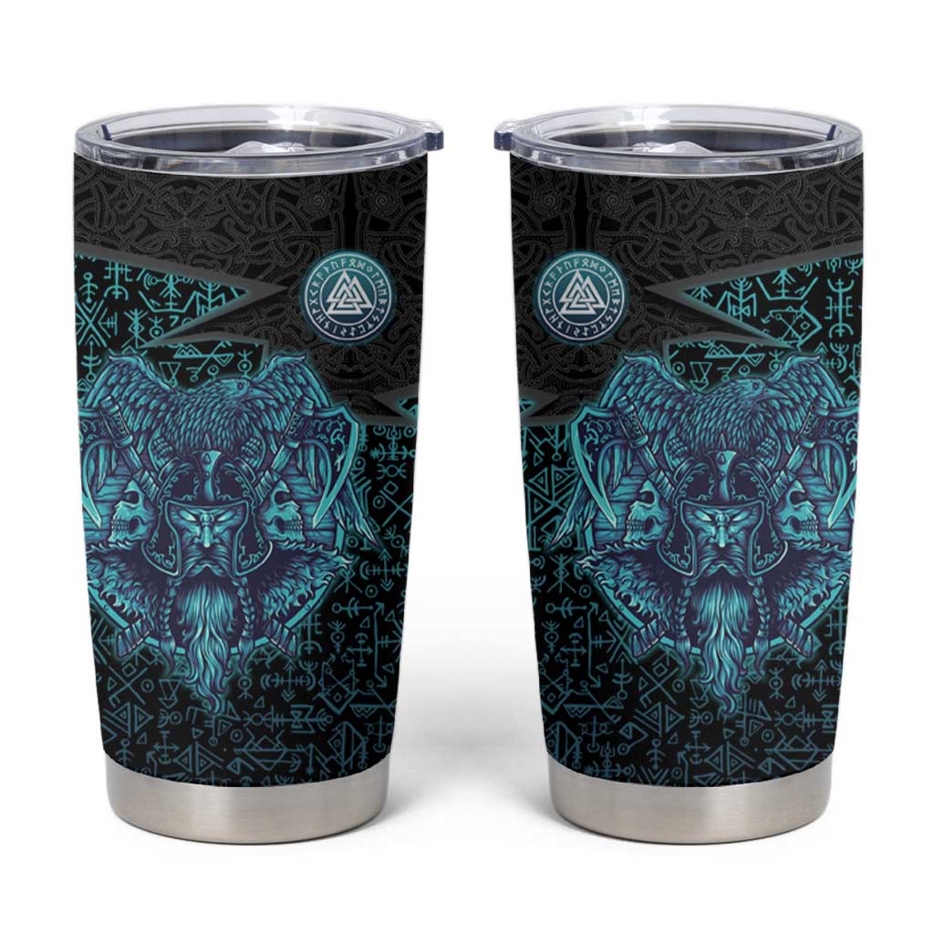 Viking Warrior and Raven Norse Mythology Tumbler Cup Neon Line Art with Rune Patterns