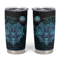 Viking Warrior and Raven Norse Mythology Tumbler Cup Neon Line Art with Rune Patterns