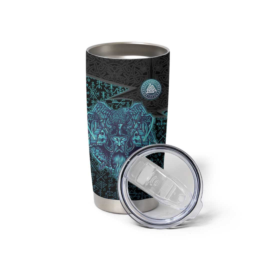 Viking Warrior and Raven Norse Mythology Tumbler Cup Neon Line Art with Rune Patterns
