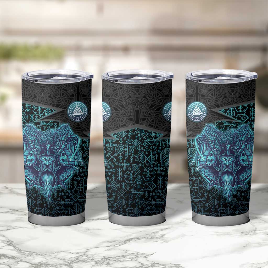 Viking Warrior and Raven Norse Mythology Tumbler Cup Neon Line Art with Rune Patterns
