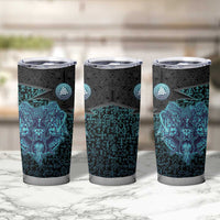 Viking Warrior and Raven Norse Mythology Tumbler Cup Neon Line Art with Rune Patterns