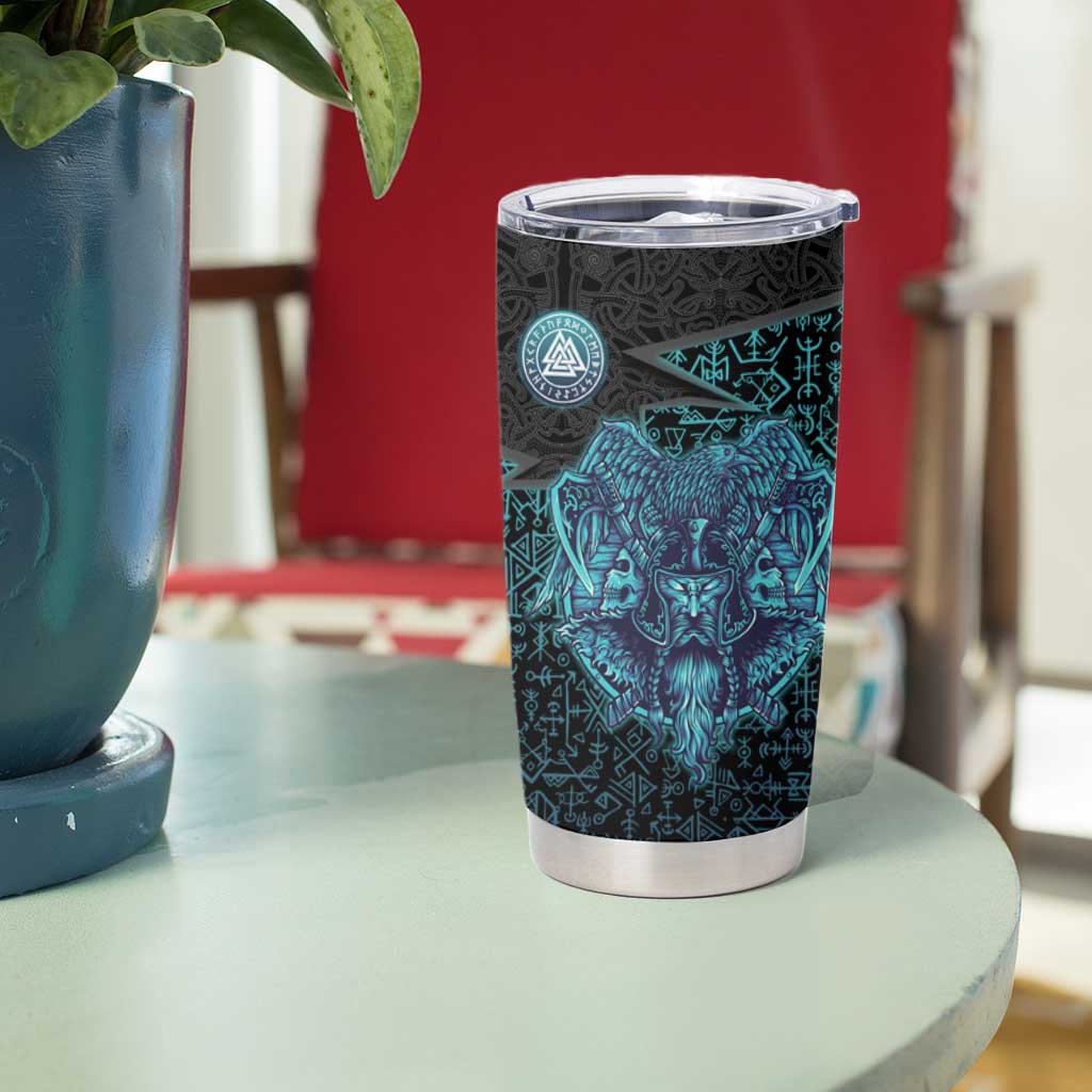 Viking Warrior and Raven Norse Mythology Tumbler Cup Neon Line Art with Rune Patterns