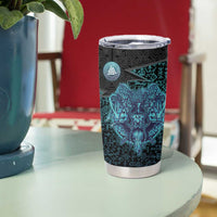 Viking Warrior and Raven Norse Mythology Tumbler Cup Neon Line Art with Rune Patterns