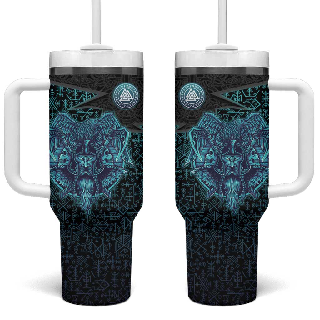 Viking Warrior and Raven Norse Mythology Tumbler With Handle Neon Line Art with Rune Patterns