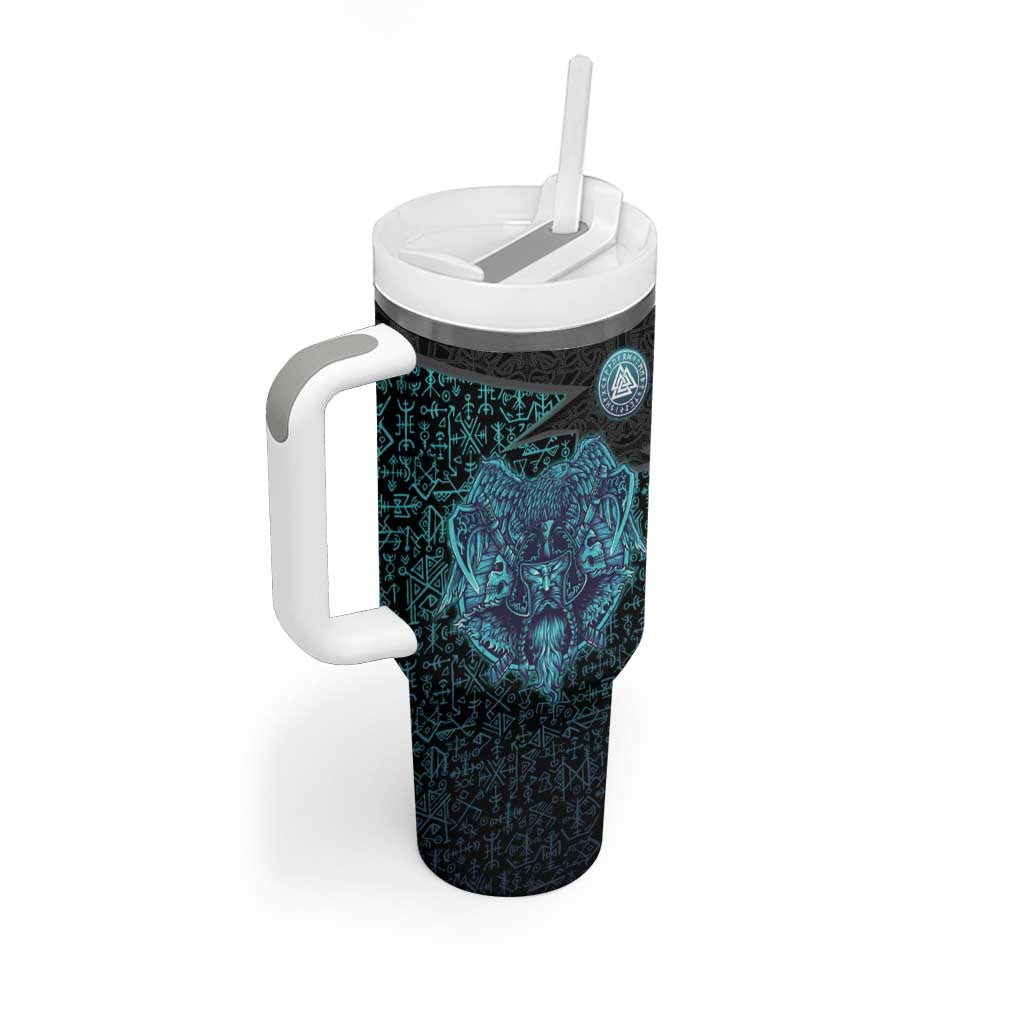 Viking Warrior and Raven Norse Mythology Tumbler With Handle Neon Line Art with Rune Patterns