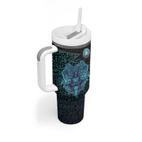 Viking Warrior and Raven Norse Mythology Tumbler With Handle Neon Line Art with Rune Patterns