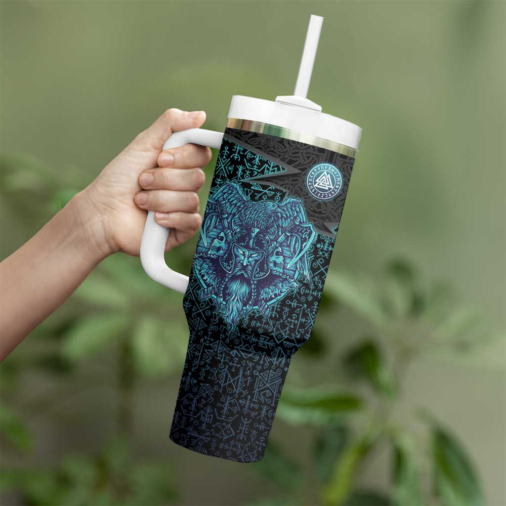 Viking Warrior and Raven Norse Mythology Tumbler With Handle Neon Line Art with Rune Patterns