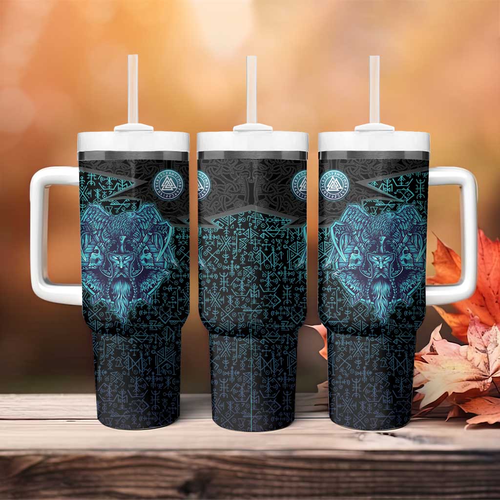 Viking Warrior and Raven Norse Mythology Tumbler With Handle Neon Line Art with Rune Patterns