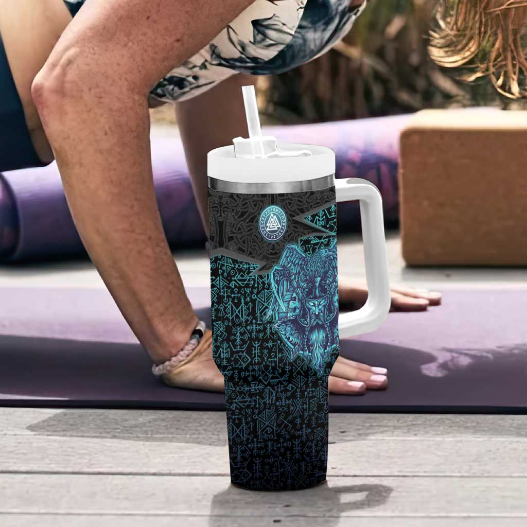 Viking Warrior and Raven Norse Mythology Tumbler With Handle Neon Line Art with Rune Patterns