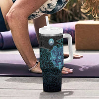 Viking Warrior and Raven Norse Mythology Tumbler With Handle Neon Line Art with Rune Patterns