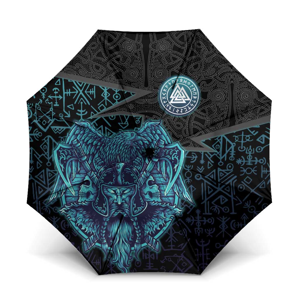Viking Warrior and Raven Norse Mythology Umbrella Neon Line Art with Rune Patterns