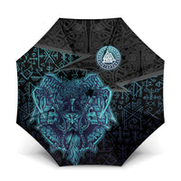 Viking Warrior and Raven Norse Mythology Umbrella Neon Line Art with Rune Patterns