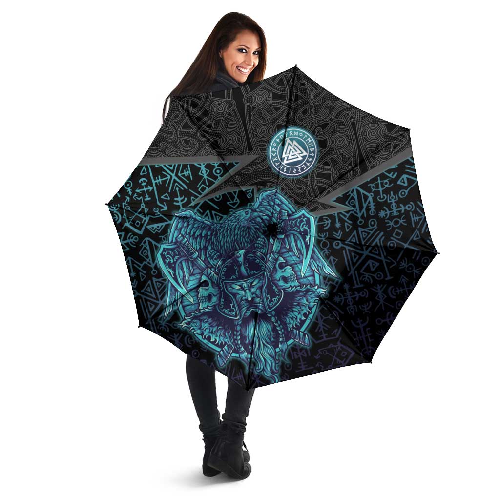 Viking Warrior and Raven Norse Mythology Umbrella Neon Line Art with Rune Patterns