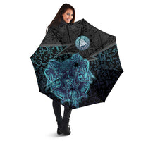 Viking Warrior and Raven Norse Mythology Umbrella Neon Line Art with Rune Patterns