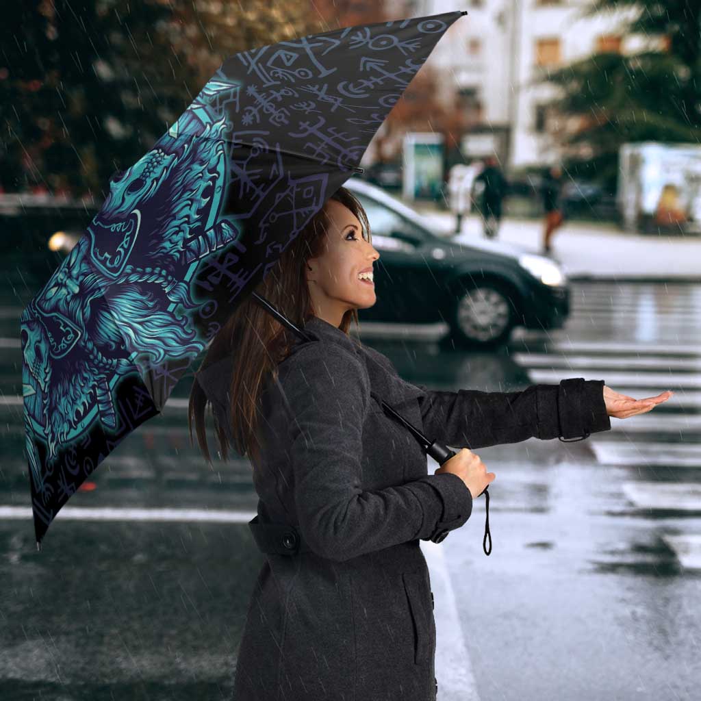 Viking Warrior and Raven Norse Mythology Umbrella Neon Line Art with Rune Patterns