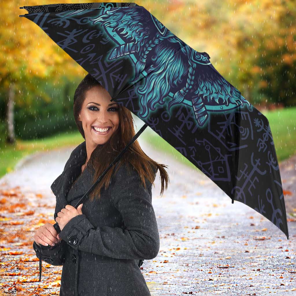 Viking Warrior and Raven Norse Mythology Umbrella Neon Line Art with Rune Patterns