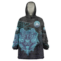 Viking Warrior and Raven Norse Mythology Wearable Blanket Hoodie Neon Line Art with Rune Patterns